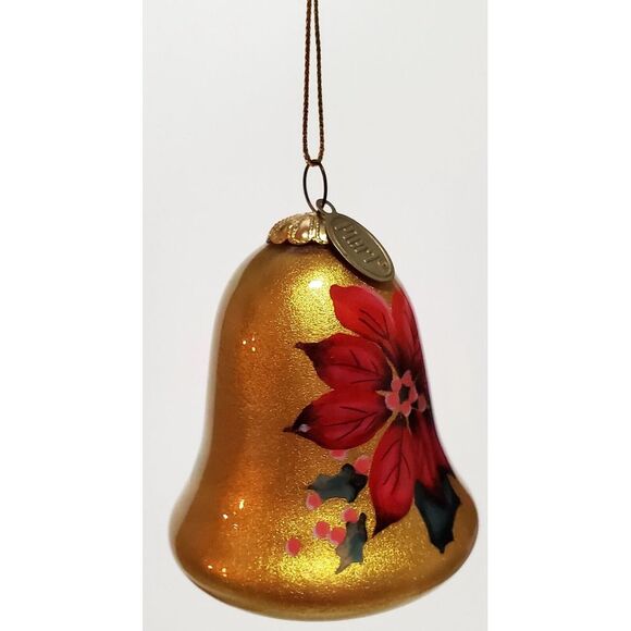 Pier 1 Li Bien 2016 Poinsettia Gold Bell Red Boxed Reverse Painted Ornament Box - Picture 5 of 10